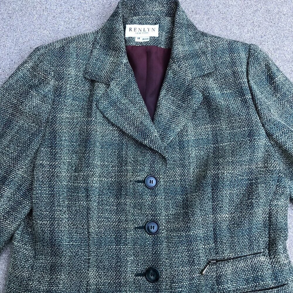 VTG 90s RENLYN New York Tweed Knit Blazer Jacket Women's 14P Green Coat … - Picture 2 of 11